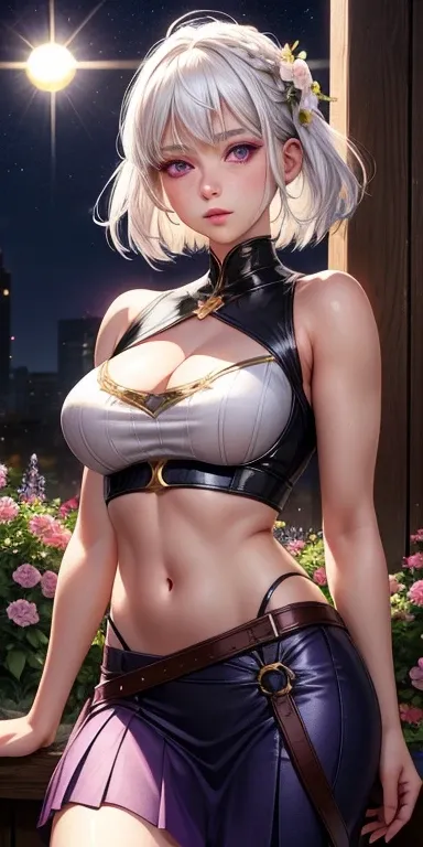 realistic, 1girl, white hair, purple eyes, glowing eyes, crop top, skirt, parted lips, blush, night, flowers, sun, sunlight, cleavage