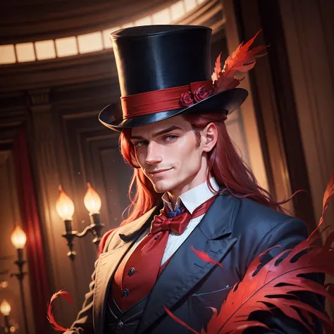 top hat with red feather, shadowing, angle of view, Atmospheric perspective accurate, Best quality, dark blue victorian outfit, purple vest, red cravat, (caucasian male, long red hair). background: London at night, victorian era, expression:smiling at the ...