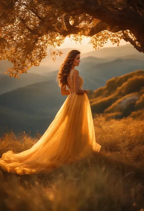 (Una hermosa mujer morena con un vestido elegante y rizos largos) y (rodeado de luz dorada) y (Idyllic natural landscape)