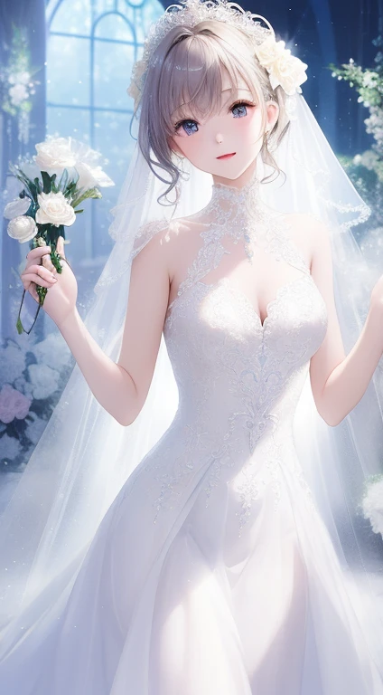 (top-quality、hight resolution、​masterpiece)、There is a wedding dress with lights on the mannequin stand、A dream world where a beautiful woman wears that dress、((Fantastical))、 translucent  dress, white royal dress, Elegant white dress, fantasy dress, Elega...