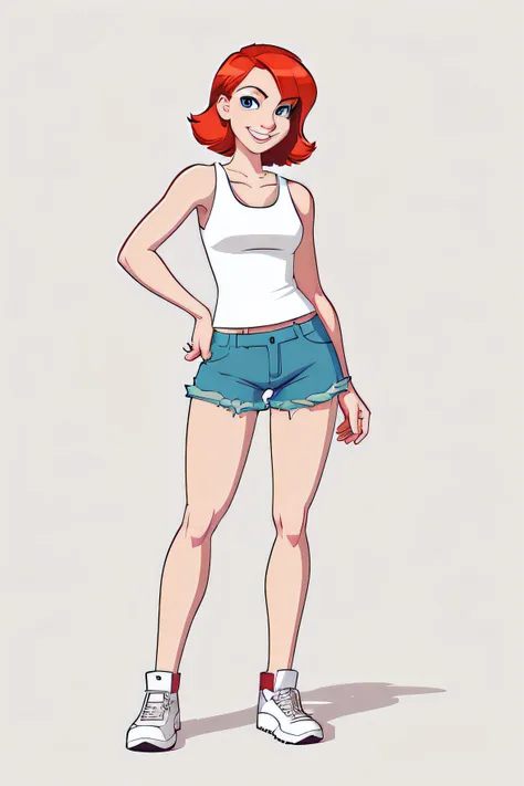 Indie game art,(full body wearing jean shorts and white tank top, Cartoon style), Hand drawn, Technical illustration, Graphic design, redhead, pale skin, standing with arms folded, smiling, ((no background)), Ese Merve