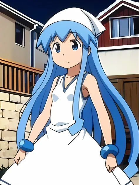 absurdres, ika, 1girl, blue eyes, long hair, blue hair, hat, dress, tentacle hair, looking at viewer, white dress, bracelet, jewelry, sleeveless, white headwear, collarbone, sleeveless dress, outdoors, very long hair, parody, closed mouth, frown, cowboy sh...