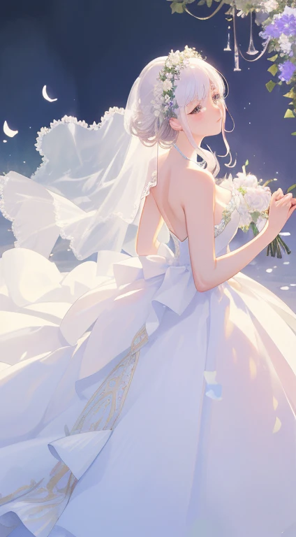 (top-quality、hight resolution、​masterpiece)、There is a wedding dress with lights on the mannequin stand、A dream world where a beautiful woman wears that dress、((Fantastical))、 translucent  dress, white royal dress, Elegant white dress, fantasy dress, Elega...