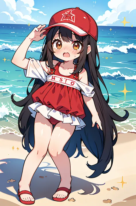 (masterpiece), best quality, expressive eyes, perfect face, a teenager who get transformed into a little toddler girl by a magic ray and getting really embarrassed, toddler girl, red baseball cap, open mouth, blushed, long black hair, brown eyes, nsfw, ech...