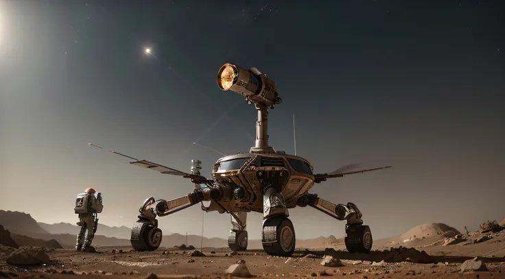 On Mars，Large cutting-edge robotic arm work。Metallic glossy texture，Aviation staff distributed on the ground。droid、starrysky、Exploration vehicle details、super wide shot、High realism、lightand shade contrast、