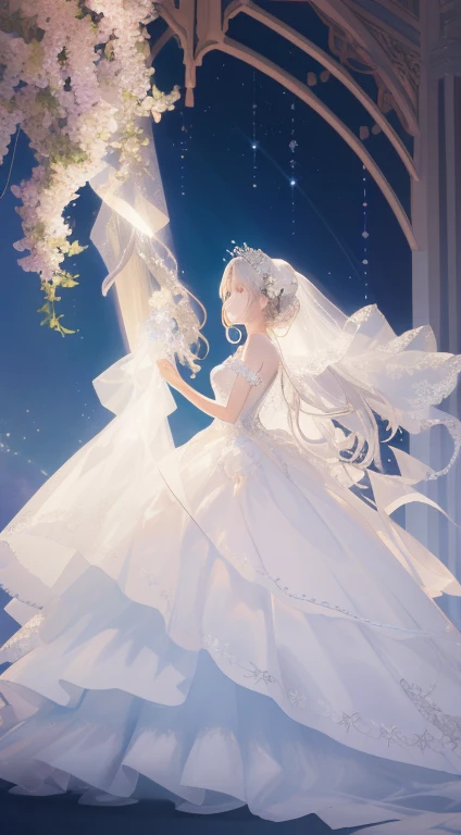 (top-quality、hight resolution、​masterpiece)、There is a wedding dress with lights on the mannequin stand、A dream world where a beautiful woman wears that dress、((Fantastical))、 translucent  dress, white royal dress, Elegant white dress, fantasy dress, Elega...