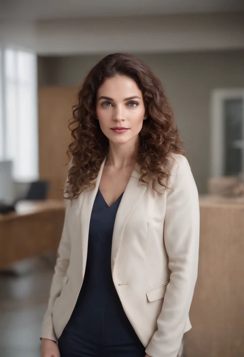 (full body), (standing), a 40 year old woman looking into the camera, extra long curly hair, detailed beautiful face, action shot, empty office background, daytime, photo realistic, CG, art station, masterpiece, HD photography