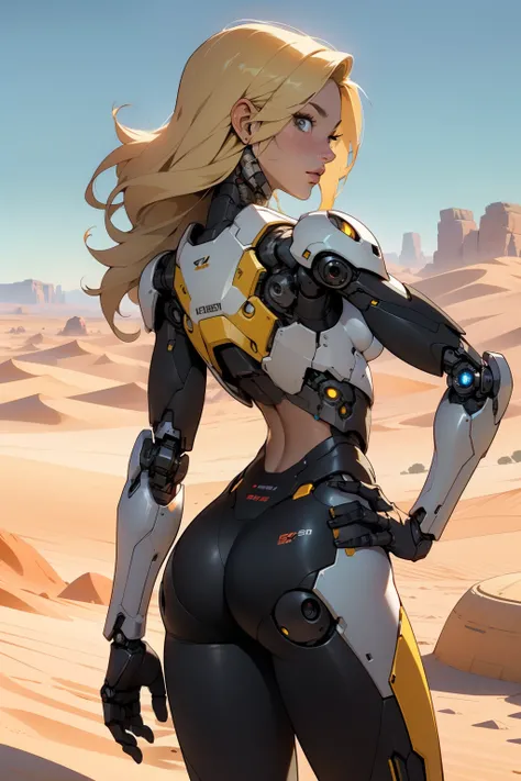 high quality, 4k, masterpiece, beautiful, cyborg girl, cowboy shot, dull eyes, back side, turning around to look at viewer, long blonde hair, girl, small breasts, fit thigh, robotic arms, robotic body, cyborg body, yellow accent, red accent, intricate deta...