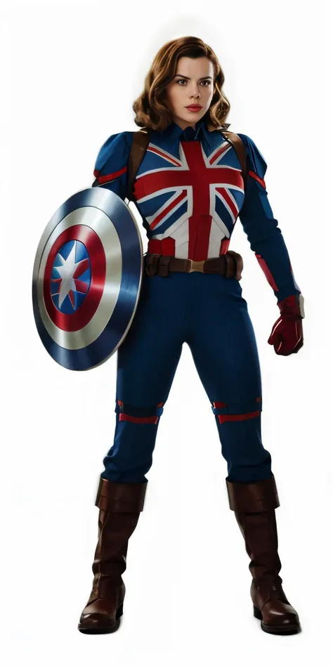 Hayley Atwell dressed in a captain america costume, Peggy Carter as captain britain,