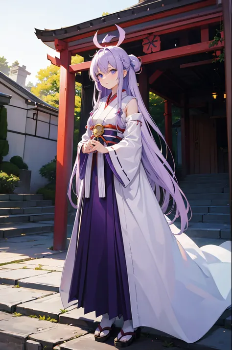 1woman, light purple hair, blue eyes, shrine maiden clothes, standing on ground, high res, ultra sharp, 8K, masterpiece