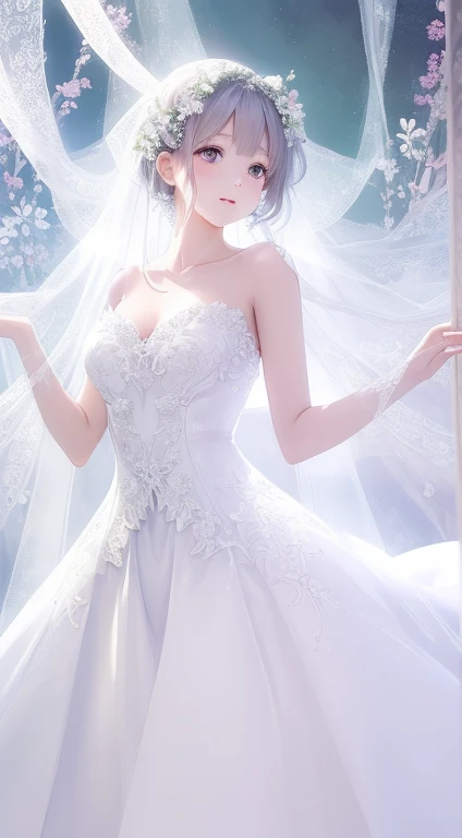 (top-quality、hight resolution、​masterpiece)、There is a wedding dress with lights on the mannequin stand、A dream world where a beautiful woman wears that dress、((Fantastical))、 translucent  dress, white royal dress, Elegant white dress, fantasy dress, Elega...