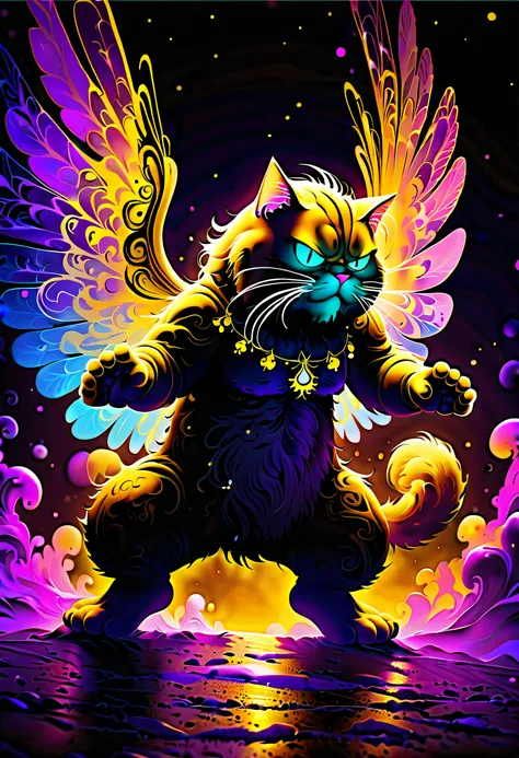 (((gel_ink_painting added black-light_paint Garfield_illustration:1.3))), spread your wings and dance Garfield, burns forever, dyed in gold, melt into darkness, sandstorm, spin the reincarnation roulette, soaring sparkles intersect, divine beast that trans...