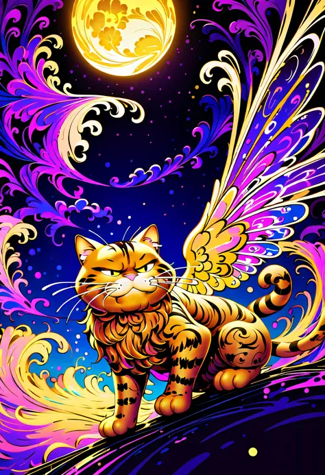 (((gel_ink_painting added black-light_paint Garfield_illustration:1.3))), spread your wings and dance Garfield, burns forever, dyed in gold, melt into darkness, sandstorm, spin the reincarnation roulette, soaring sparkles intersect, divine beast that trans...