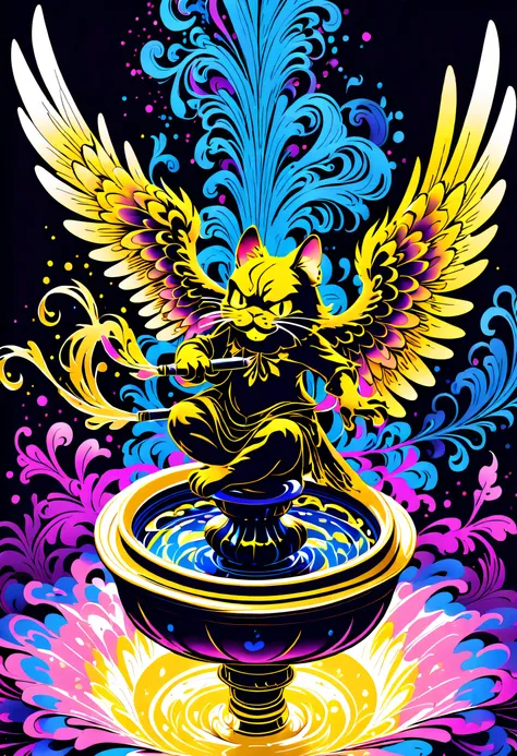 (((fountain_pen_and_gel_ink_painting added black-light_paint illustration:1.3))), spread your wings and dance Garfield, burns forever, dyed in gold, melt into darkness, sandstorm, spin the reincarnation roulette, soaring sparkles intersect, divine beast th...