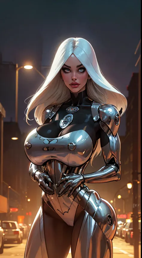 ((Cowboy shot:1.4)) 1 Same Girl , Perfect Beautiful , robot Face ,(chrome skin:1.1), (silver arms, silver face, silver legs) ((android woman)),( metallic android , long Hair , Black Gothic Nun Dress , Athletic Body , ((gigantic breasts:1.2)) ((metallic leg...