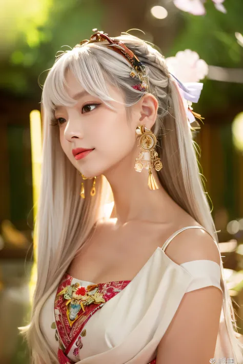 1girl in、独奏、Yamato style（Cartoon One Piece）、white sleeveless kimono、Red Hakama、white  hair、Longhaire、hair stick、hair adornments、耳Nipple Ring、jewely、red horns、Upper body、Kimono、Sleeveless kimono、breastsout、鎖骨、Ring earrings、Brown-eyed