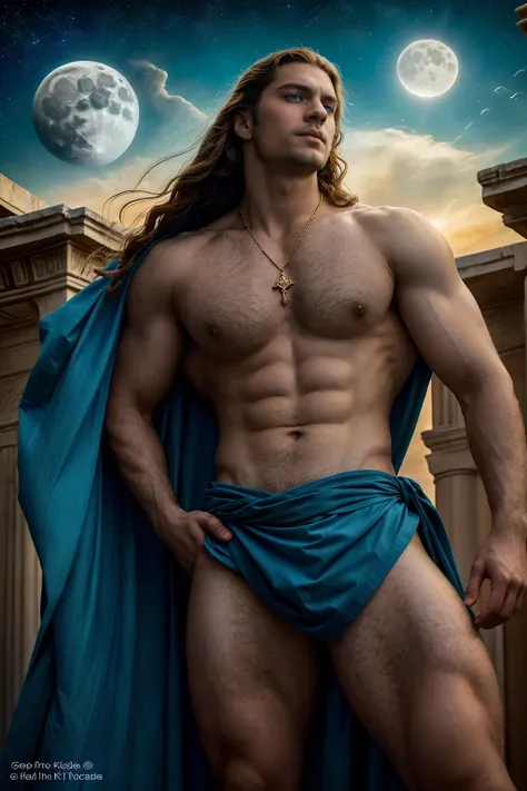 (( Man )), with a necklace ,((blue eyes)), ((Long Hair)), wearing a Greek toga, muscular male hero, attractive, half shot of a hunky, Handsome prince, heroic male pose, sexy male, Handsome male, muscular male, no shirt :: very high detail, handsome stunnin...