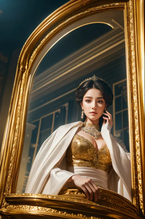 A mature woman in a royal sister style 🧝‍♀️, capturing the full body in the portrait. The woman has a dignified and elegant appearance, with beautifully detailed eyes and lips that exude wisdom and charm. She is dressed in a luxurious gown that complements...