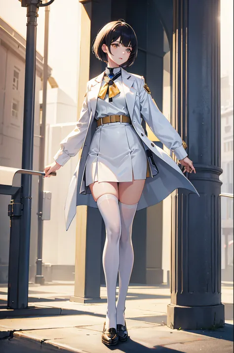 1woman, short navy hair, golden eyes, white lab coat, skirt, tights, standing on ground, high res, ultra sharp, 8K, masterpiece