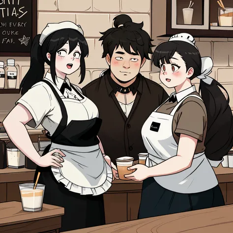 chubby, long hair, plus size, adult, pale skin, hair in ponytail, barista, barista hat, barista apron, cute, taking goth males order,