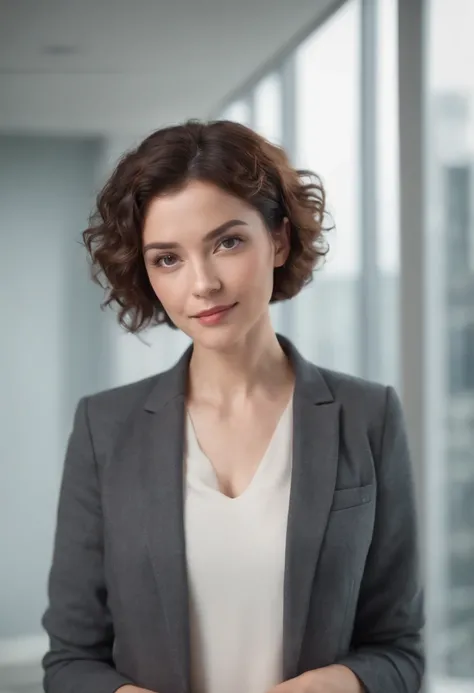 (full body), (standing), a 40 year old woman looking into the camera, short curly hair, detailed beautiful face, slightly smiling, action shot, glasses, empty office background, daytime, photo realistic, CG, art station, masterpiece, HD photography