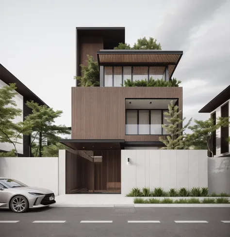 a view of a modern home with a large front yard, main material by glossy white wall and black stone and wood,  1 road runs in fr...