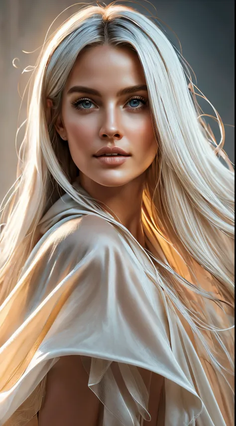 full body photoshoot of a blonde woman wearing a white hooded silk cape, the woman is portrayed in a meadow, sun light hits her ...