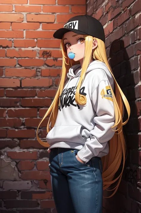 ultra high quality, high defition, masterpiece, 1girl, 17yo, street fashion, semi-long hair, golden hair, shiny hair, (bubble up chewing gum:1.1), (Baseball caps in many colors), wearing hoodie, standing, hands in pocket, standing, frown, shiny skin, ((gra...