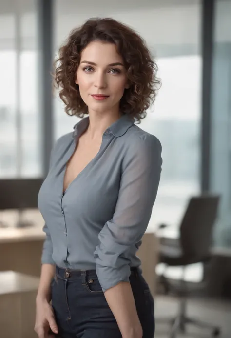 (full body), (standing), a 40 year old woman looking into the camera, short curly hair, detailed beautiful face, slightly smiling, black unbuttoned blouse, cleavage, action shot, glasses, empty office background, daytime, photo realistic, CG, art station, ...