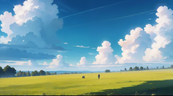 Wide sky, Vast grasslands, Moving visuals, Colorful natural light, middle of grass