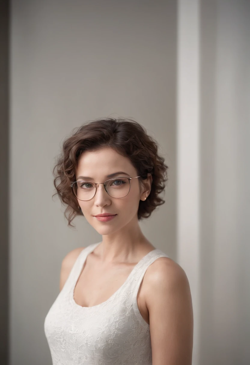 (full body), (standing), a 40 year old woman looking into the camera, short curly hair, detailed beautiful face, slightly smiling, white tank top, cleavage, action shot, glasses, empty office background, daytime, photo realistic, CG, art station, masterpie...