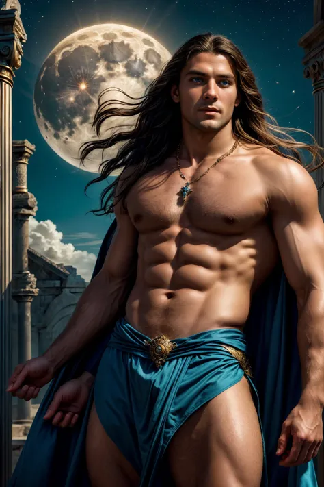 (( Man )), with a necklace ,((blue eyes)), ((Long Hair)), wearing a Greek toga, muscular male hero, attractive, half shot of a hunky, Handsome prince, heroic male pose, sexy male, Handsome male, muscular male, no shirt :: very high detail, handsome stunnin...