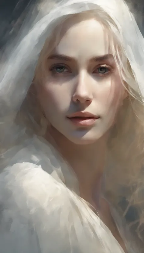 full body photoshoot of a blonde woman wearing a white hooded silk cape, The woman is portrayed in a meadow, sun light hits her face, her features bathed in a soft, diffused glow that accentuates the delicate nuances of her expression. The artist, drawing ...