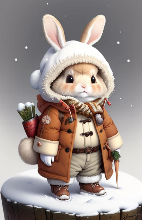 Painting by Jean-Baptiste Monge depicting a small fluffy rabbit with a carrot, Dressed in warm coat with rescue gear on winter day with snow, , jean - baptiste monge, anthropomorphic --ar 2:3 --testp -optimistic;