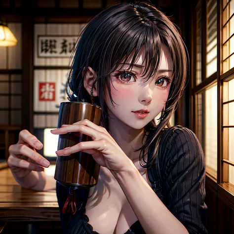 Best Quality、Raw photo、profetional lighting、Top image quality、​masterpiece、Live-action depiction、The background is a real izakaya、The background is of the best quality、The background is professional lighting、a person々shines like a movie、Makes your chest lo...