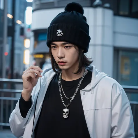 man wearing cold hat，Only the upper body is leaked，Dressed in hip-hop，necklace with skull，sideways standing