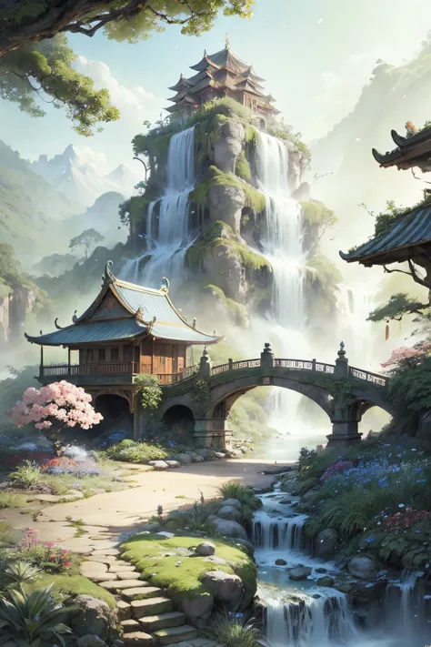 Garden painting with waterfalls and bridges, floral environment, Anime landscape concept art, Anime background art, Magical environment, arte de fundo, landscape artwork, fantasy magical vegetation, fantasy painterly style, whimsical fantasy landscape art,...