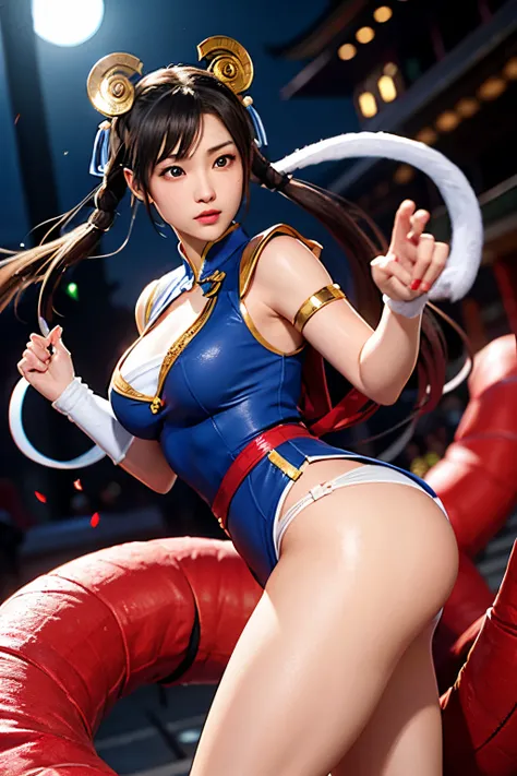 chun-li from street fighters series , white panty , in the streets , red moon , perfect eyes , dragon logo behind ,