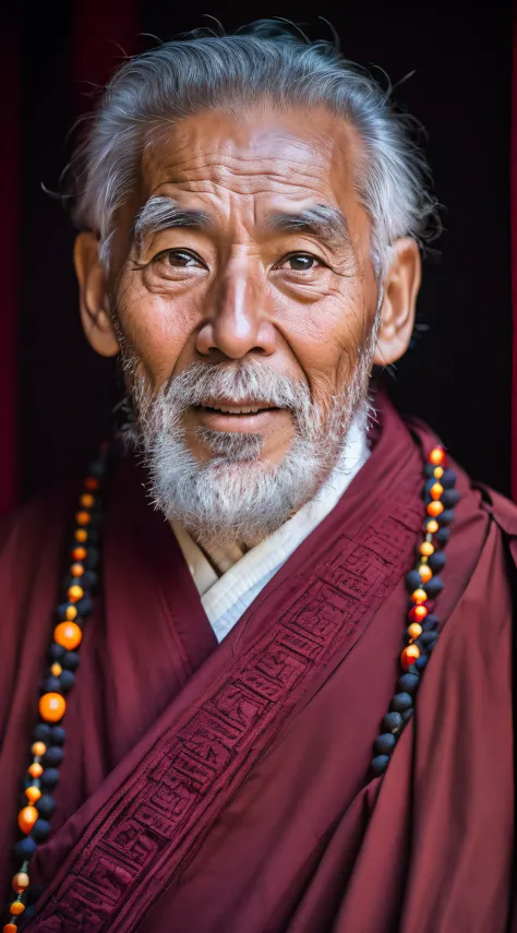 Arafad man with white beard and red robe, portrait of monk, with a calm expression, Taoist, Portrait shooting, monk, 50 mm portrait, portrait photo of an old man, buddhist monk, Taoist, Close-up portrait shoot, Portrait shooting 8K, calm expression, 70mm p...