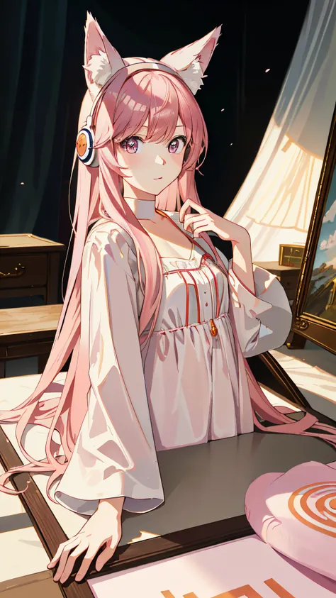 Masterpiece, Best Quality, High Resolution, 1 girl, 独奏, , (Realism:1.4), pink long hair, snow white skin, Premium Lighting, Fox ears, Clear pink eyes, computer, playing games, bedroom with white dress, white silk, Headphones and draped tail.