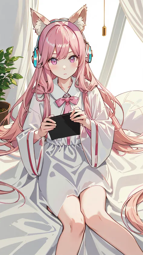 Masterpiece, Best Quality, High Resolution, 1 girl, 独奏, , (Realism:1.4), pink long hair, snow white skin, Premium Lighting, Fox ears, Clear pink eyes, computer, playing games, bedroom with white dress, white silk, Headphones and draped tail.