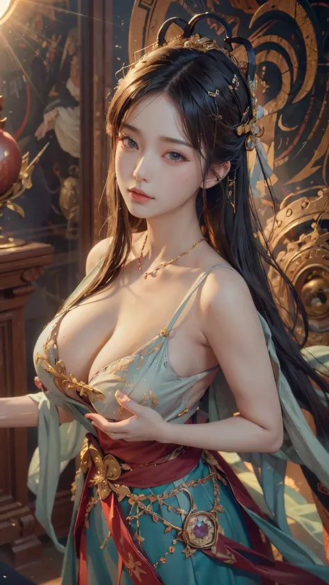 (original photo, Bestquality), (realistic, photo of-realistic:1.3 pcs), Bestquality, Extremely Detailed, a masterpiece、, Hyper-Detailed, illustration、, 1 a girl, (huge boobs，cleavage), dynamic angle, world mastery theater, cluttered_long_hair,Bestquality, ...