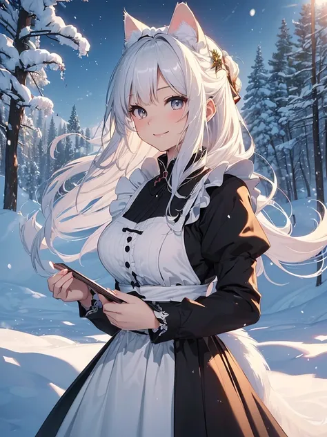 top-quality、Top image quality、​masterpiece、The season is autumn、girl with((26 year old、Best Bust、big bast、Bust 90,Beautiful eyes、,Long Black Hair、Cats ears、A slender、long tail、Beautiful maid clothes、Katyusha、maid dress、a closeup、snow board、skill、in snow mo...