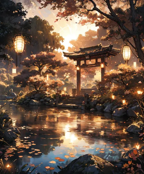 scenery of a ancient japnese house with many lanterns hanging, cherry blossom tree,beautiful pond reflecting the tea house lamps, ((golden hour:1.5)) scenary, water, anime art , wallpaper 8 k, anime background art, anime art , digital painting, concept art...