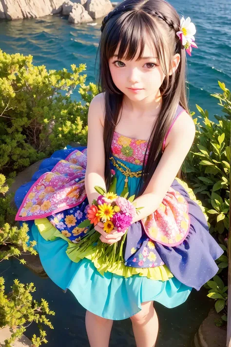 1girl,13-year-old,ultra cutest loli, solo, Colorful dress,Break, Elegant long Hair, Hair ornaments, near ocean, looking at viewer, Smile, Lots of colorful flowers, (best quality,8k,masterpiece:1.2),ultra-detailed,(realistic,photo-realistic:1.3),(a closeup)...