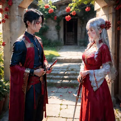 ancient wind，a young man and a woman，Female in red dress with silver hair，With a red fan；Male with dark blue clothes and black hair，Sword at waist；There are red Hibiscus flowers on the ground