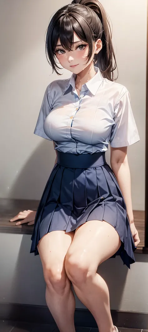 1womanl,12year old,Dark head hair,Beautiful ponytail hairstyle, (blue high waist skirt:1.3),, (whiteshirt:1.3), (double-breasted,Underbust:1.2), Short sleeves, buttonGap,A smile,small tits,Sweaty shirt,Thigh sweat,half squatting,Legs wide open,My crotch is...