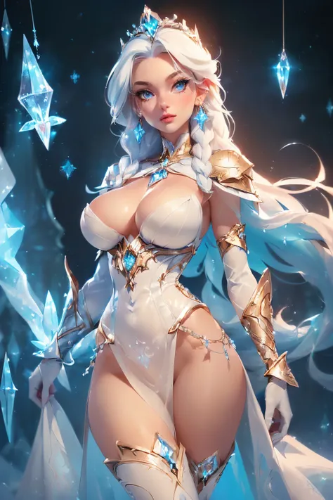 ((Ice throne))((sexy tall russian supermodel)) ((beautiful face)) (red lipstick) ((big bright light blue eyes)) ((very long straight platinum hair)) ((pale skin)) ((very huge breast:1.5)) ((perfect slender body:1.3)) (((wears fantasy white ice corset, tiny...