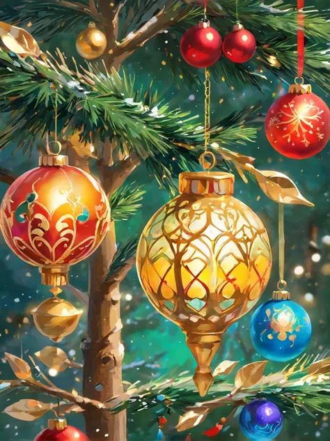 (best quality,4k,8k,highres,masterpiece:1.2),ultra-detailed,(realistic,photorealistic,photo-realistic:1.37),Christmas tree ornament,painting,brush strokes,artistic style,elegant design,detailed patterns,rich colors,sparkling highlights,glossy finish,dangli...