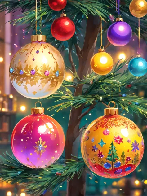 (best quality,4k,8k,highres,masterpiece:1.2),ultra-detailed,(realistic,photorealistic,photo-realistic:1.37),Christmas tree ornament,painting,brush strokes,artistic style,elegant design,detailed patterns,rich colors,sparkling highlights,glossy finish,dangli...